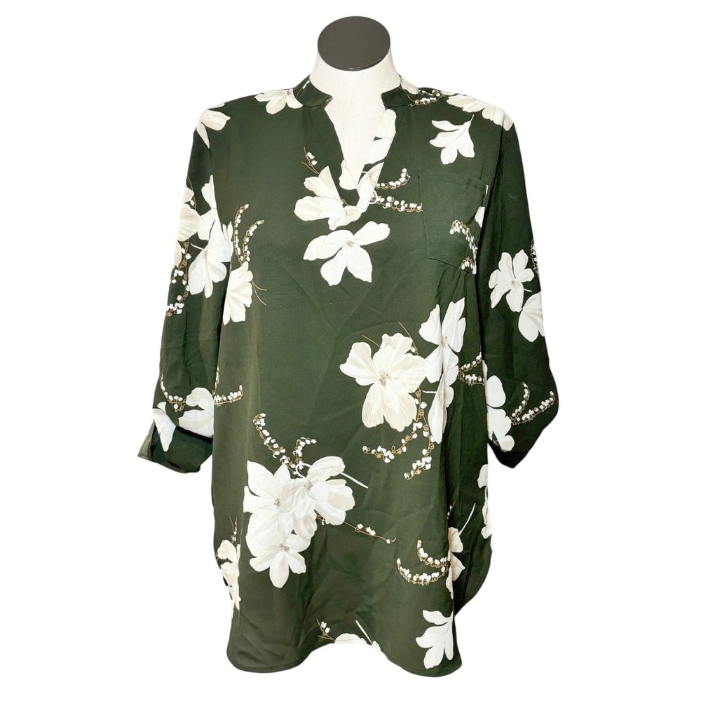 Auxo Collection Womens‎ XXL Dark Green Floral Roll Tab Sleeve Tunic Blouse Top